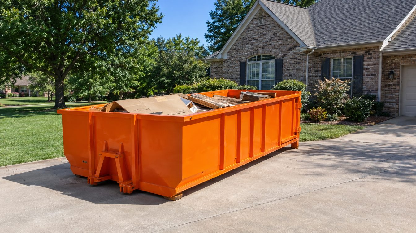 Orange roll-off dumpster delivered to a home driveway in Huntsville, AL